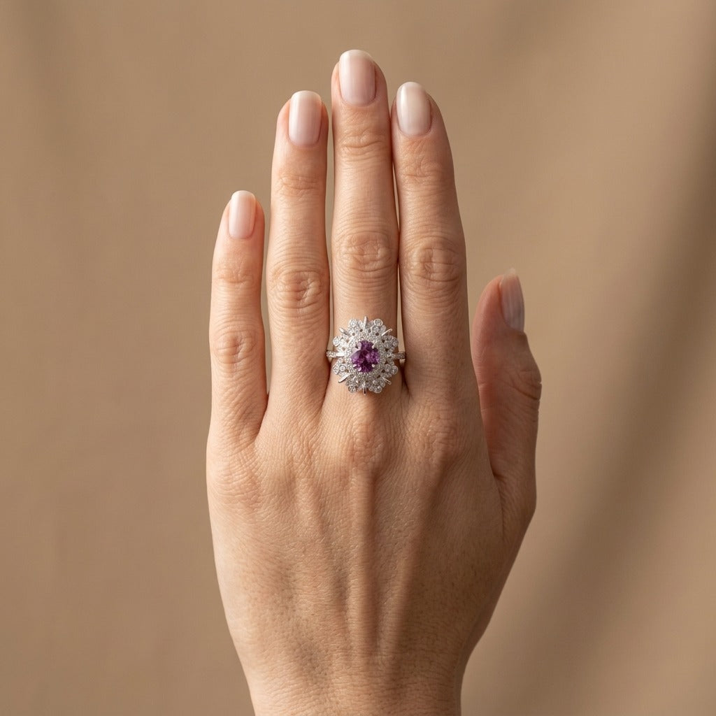 14K gold oval unheated purple sapphire ring with VS white diamonds