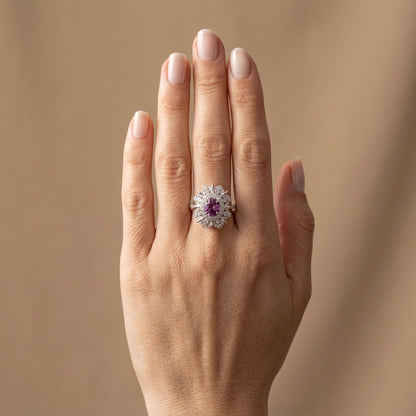 14K gold oval unheated purple sapphire ring with VS white diamonds