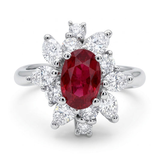 Platinum 1.14ct Oval Burma Ruby 0.95cttw White Diamonds Designer Ring