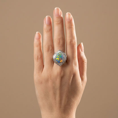 Platinum 9.93ct Oval Black Opal 2.38cttw White Diamonds Ring
