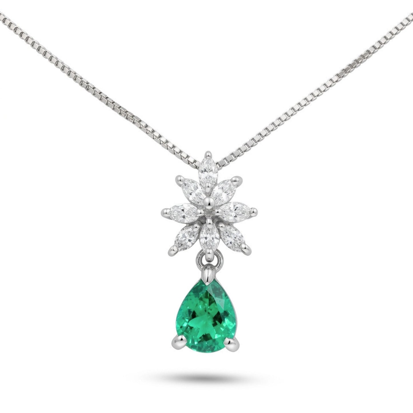 Platinum 0.70ct Pear Shape Colombian Emerald 0.38cttw White Diamonds Necklace