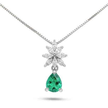 Platinum 0.70ct Pear Shape Colombian Emerald 0.38cttw White Diamonds Necklace