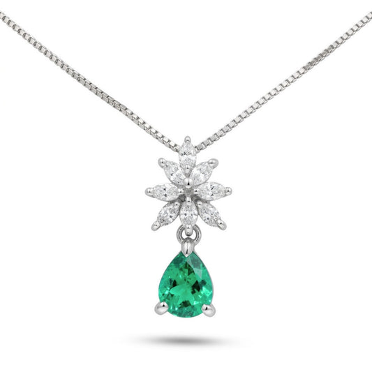 Platinum 0.70ct Pear Shape Colombian Emerald 0.38cttw White Diamonds Necklace