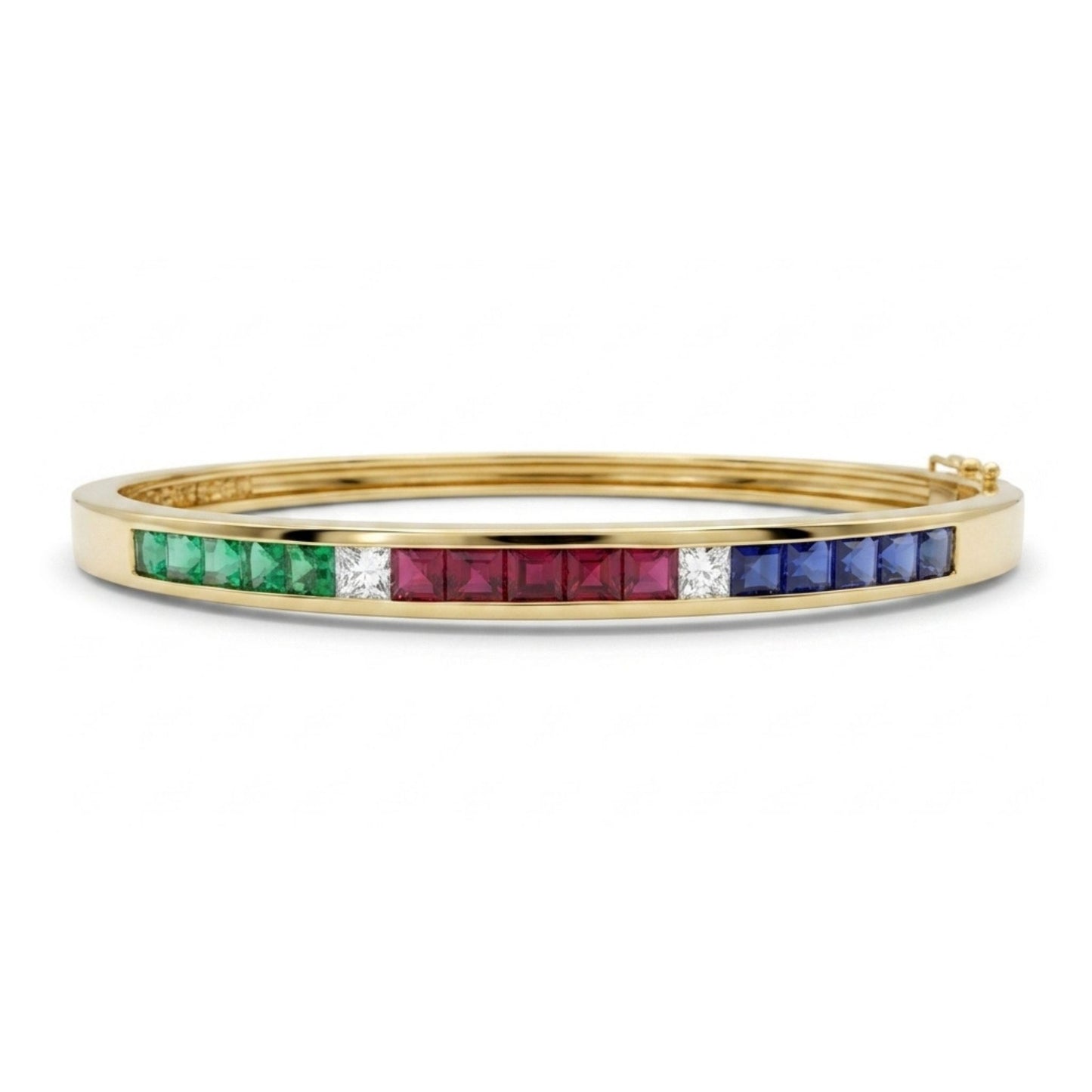 18K 2.17cttw Princess Cut Blue Sapphire, Ruby and Emerald 0.23cttw White Diamond Bangle