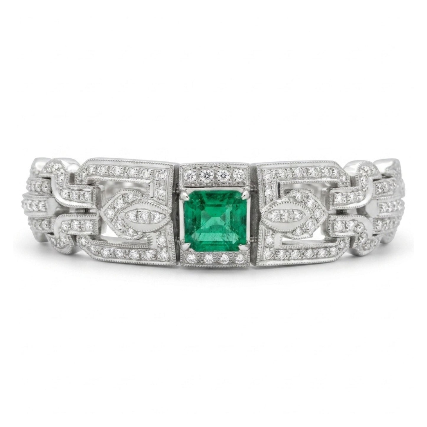 18K 4.27cttw Asscher Cut Colombian Emerald 1.10cttw White Diamonds Bracelet