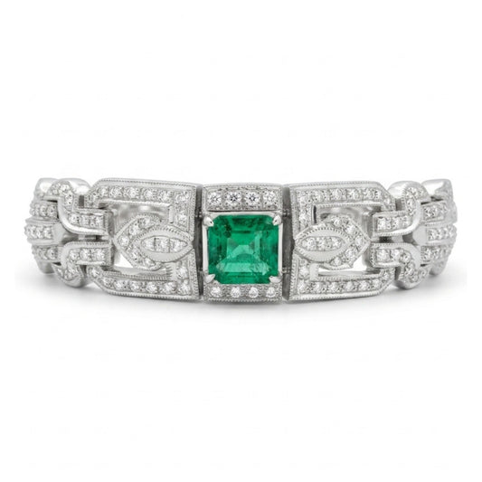 18K 4.27cttw Asscher Cut Colombian Emerald 1.10cttw White Diamonds Bracelet