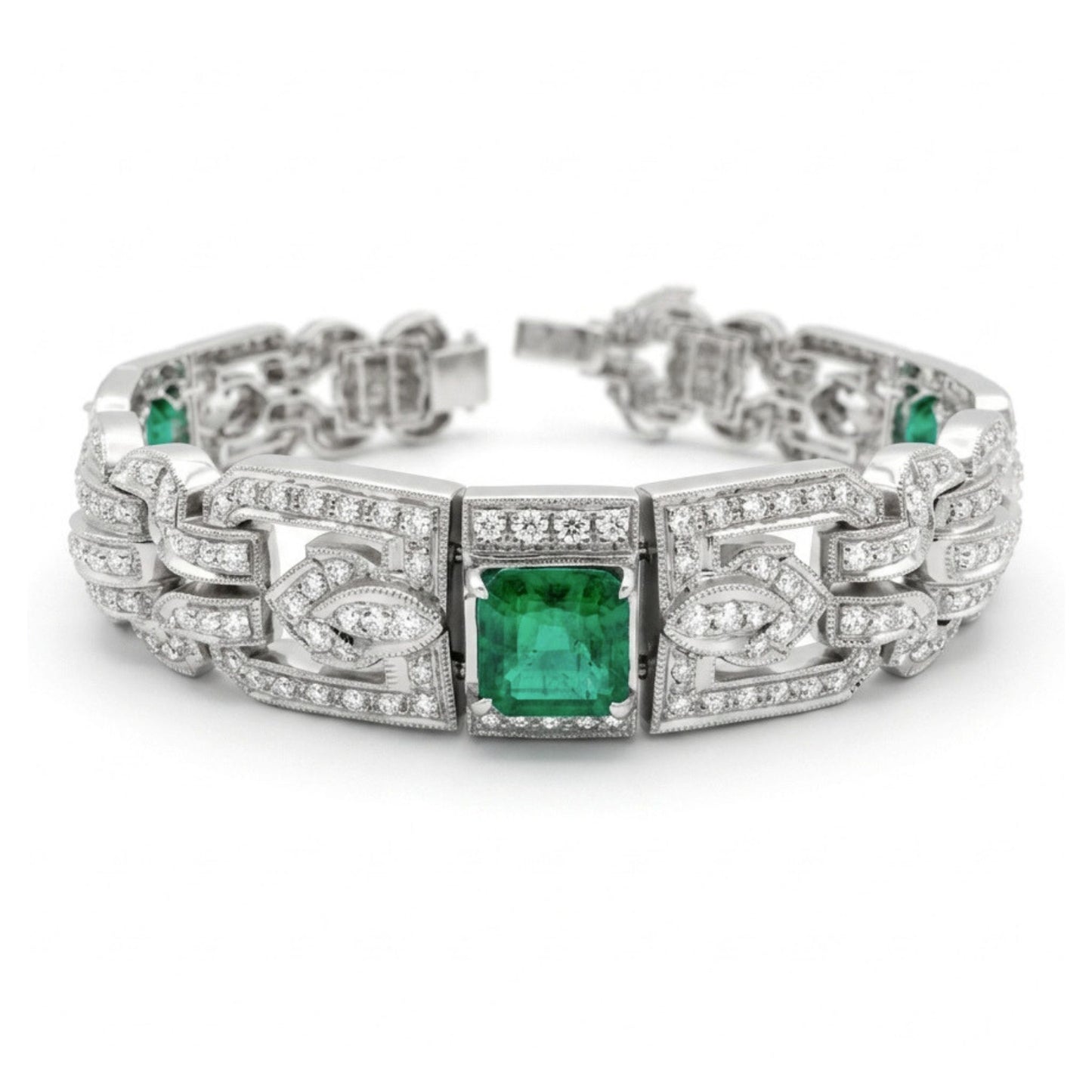 18K 4.27cttw Asscher Cut Colombian Emerald 1.10cttw White Diamonds Bracelet