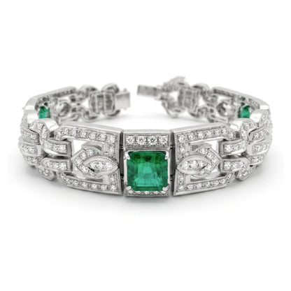 18K 4.27cttw Asscher Cut Colombian Emerald 1.10cttw White Diamonds Bracelet