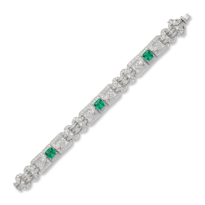 18K 4.27cttw Asscher Cut Colombian Emerald 1.10cttw White Diamonds Bracelet