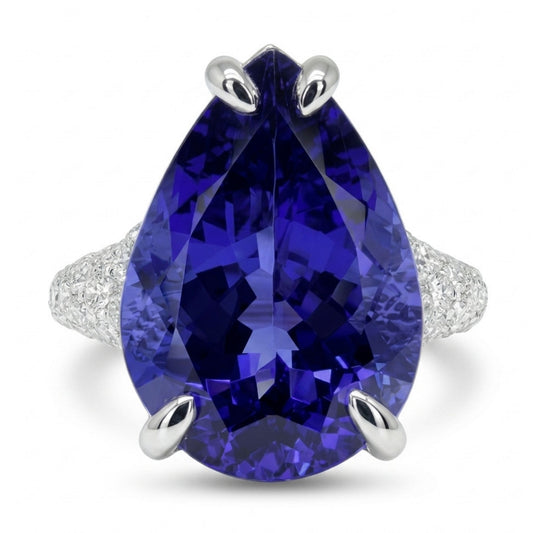 14K 8.51ct Pear Shape Blue Wing Tanzanite 1.07cttw VS White Diamonds Ring