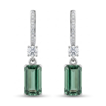 14K 7.27cttw Emerald Cut Congo Tourmaline 0.65cttw VS White Diamonds Drop Earrings