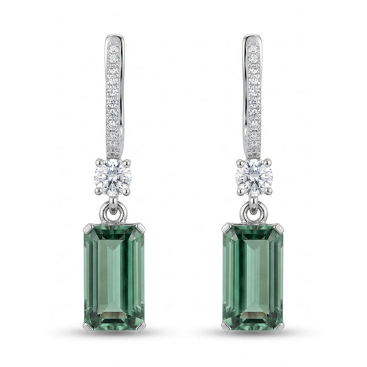 14K 7.27cttw Emerald Cut Congo Tourmaline 0.65cttw VS White Diamonds Drop Earrings