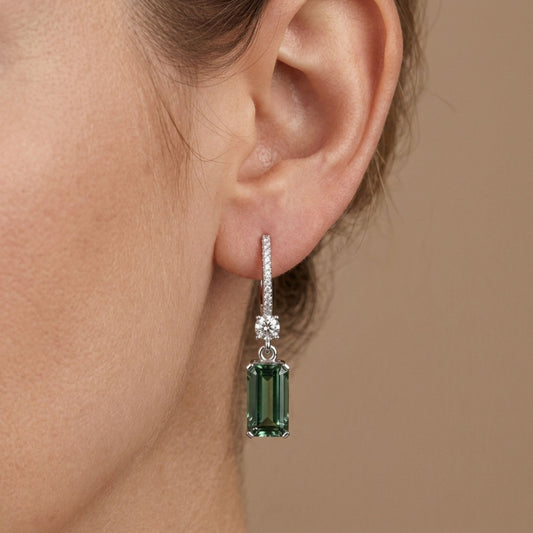 14K 7.27cttw Emerald Cut Congo Tourmaline 0.65cttw VS White Diamonds Drop Earrings