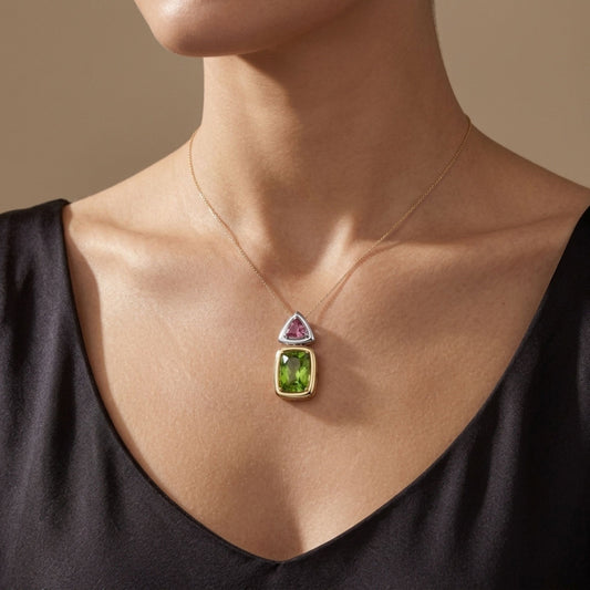 14K 9.19ct Cushion Green Paraiba 1.61ct Trilliant Copper Bearing Tourmaline Pendant
