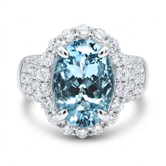 14K 3.27ct Oval Santa Maria Aquamarine 1.20cttw VS White Diamonds Ring