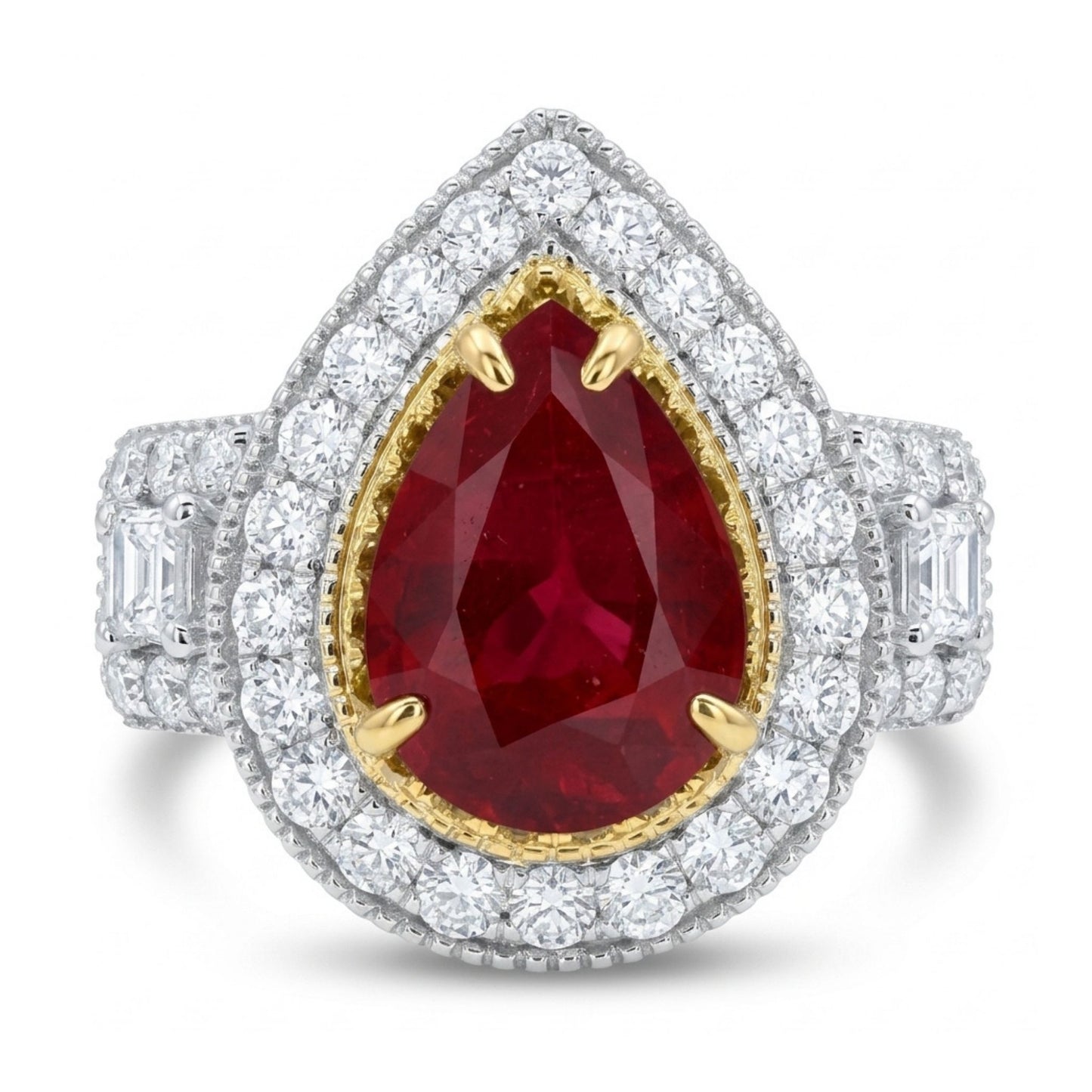 14K 2.56ct Pear Shape Burma Ruby 1.14cttw VS Yellow & White Diamonds Ring