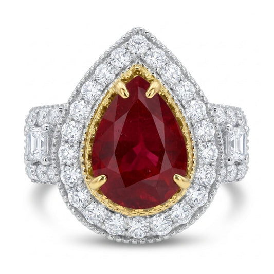 14K 2.56ct Pear Shape Burma Ruby 1.14cttw VS Yellow & White Diamonds Ring
