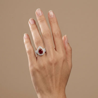 14K 2.56ct Pear Shape Burma Ruby 1.14cttw VS Yellow & White Diamonds Ring