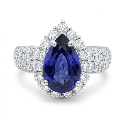 14K 2.17ct Pear Shape Blue Sapphire 0.86cttw VS White Diamonds Ring