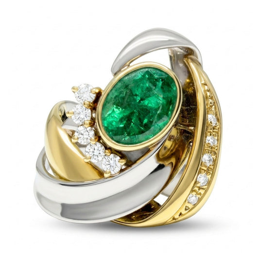 Platinum & 18K 1.65ct Oval Colombian Emerald 0.24cttw White Diamonds Ring