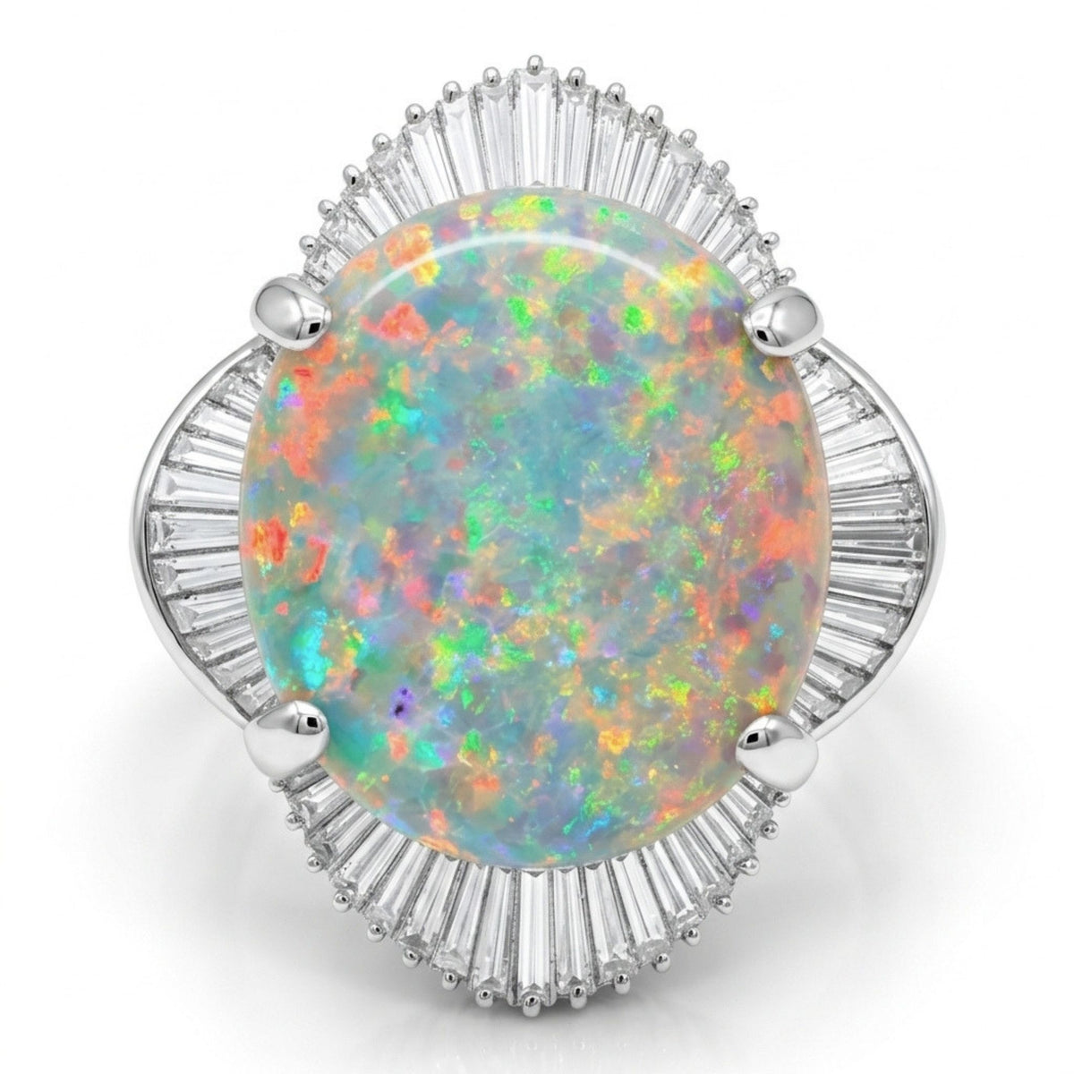 Platinum ring featuring an 11.97ct oval Australian opal surrounded by 3.39cttw white diamonds