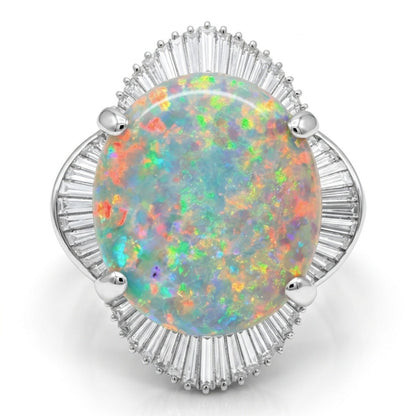 Platinum 11.97ct Oval Australian Opal 3.39cttw White Diamonds Ring