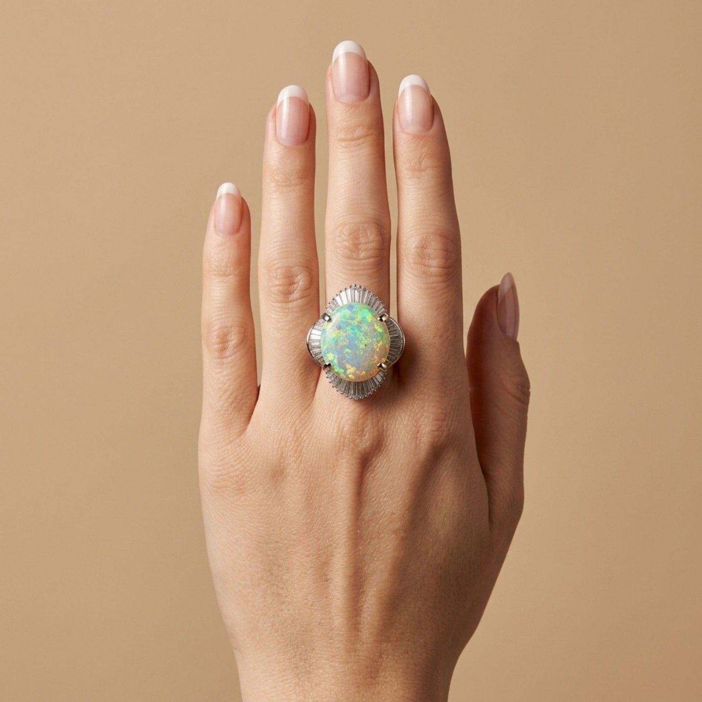 Platinum 11.97ct Oval Australian Opal 3.39cttw White Diamonds Ring