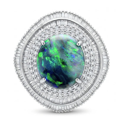 Platinum 4.74ct Oval Black Opal 1.57cttw White Diamonds Ring
