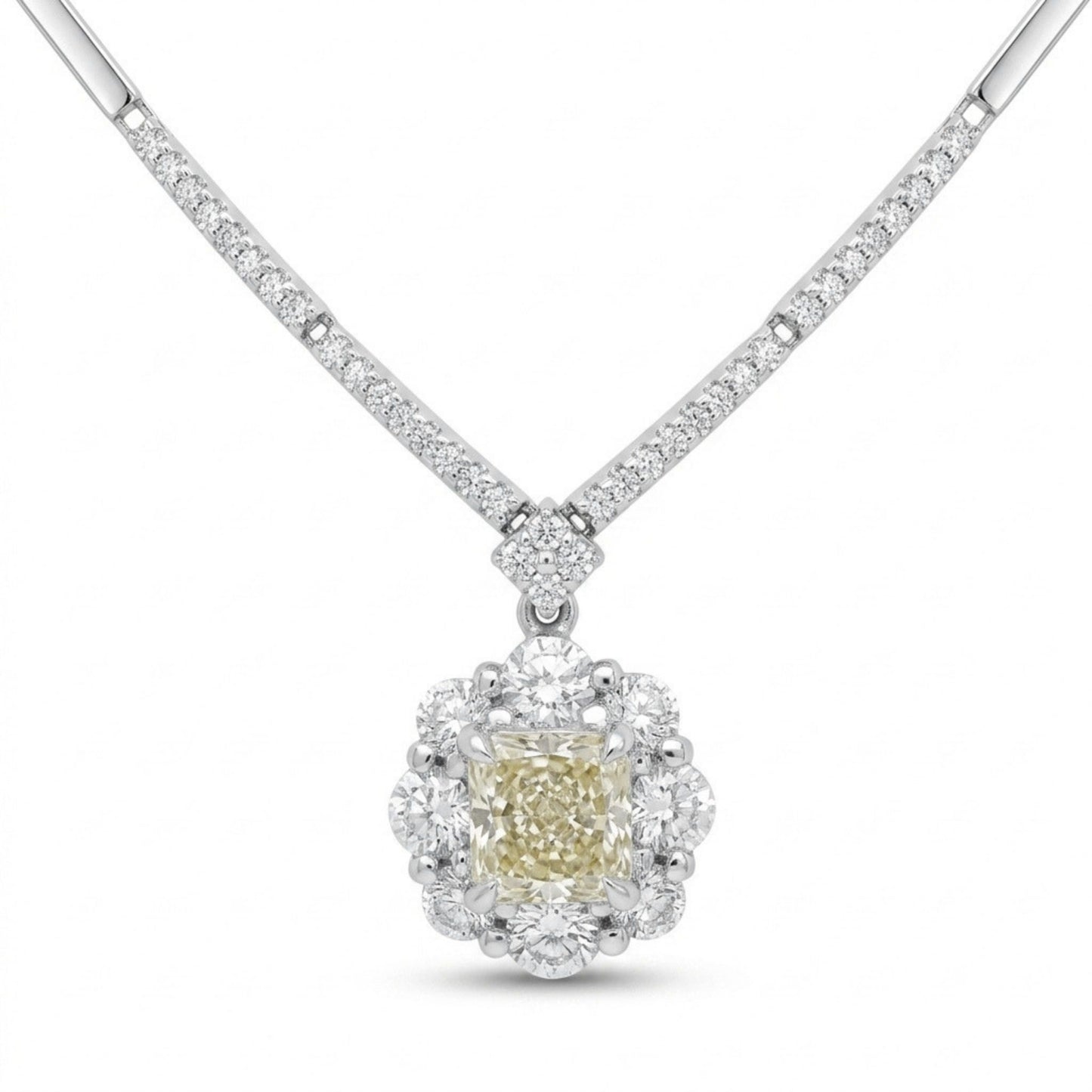18K & 14K 1.00ct Princess Cut Yellow Diamond 0.75cttw White Diamonds Necklace