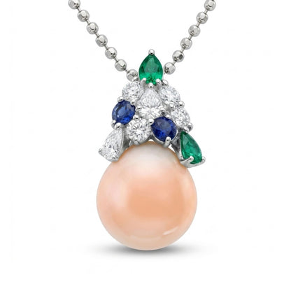 Platinum 13.42ct Round Conch Pearl 1.16cttw Blue Sapphire, Colombian Emerald, and White Diamonds Necklace