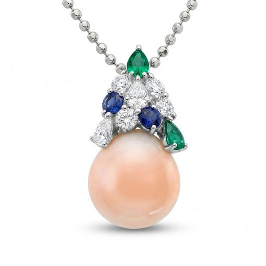 Platinum 13.42ct Round Conch Pearl 1.16cttw Blue Sapphire, Colombian Emerald, and White Diamonds Necklace