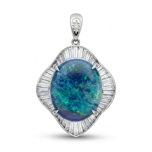 Platinum 9.03ct Oval Black Opal 2.20cttw White Diamonds Pendant