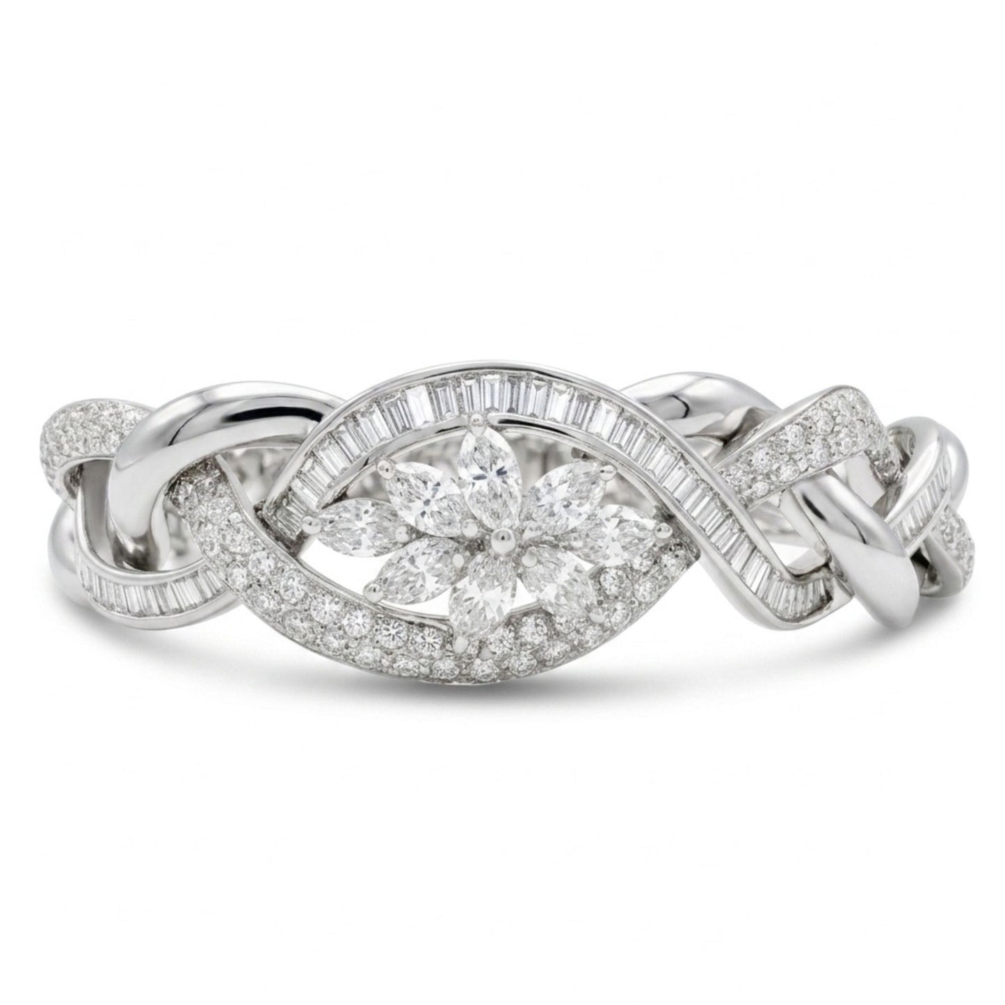 18K 7.42cttw Baguette, Round, and Marquise White Diamond Bracelet