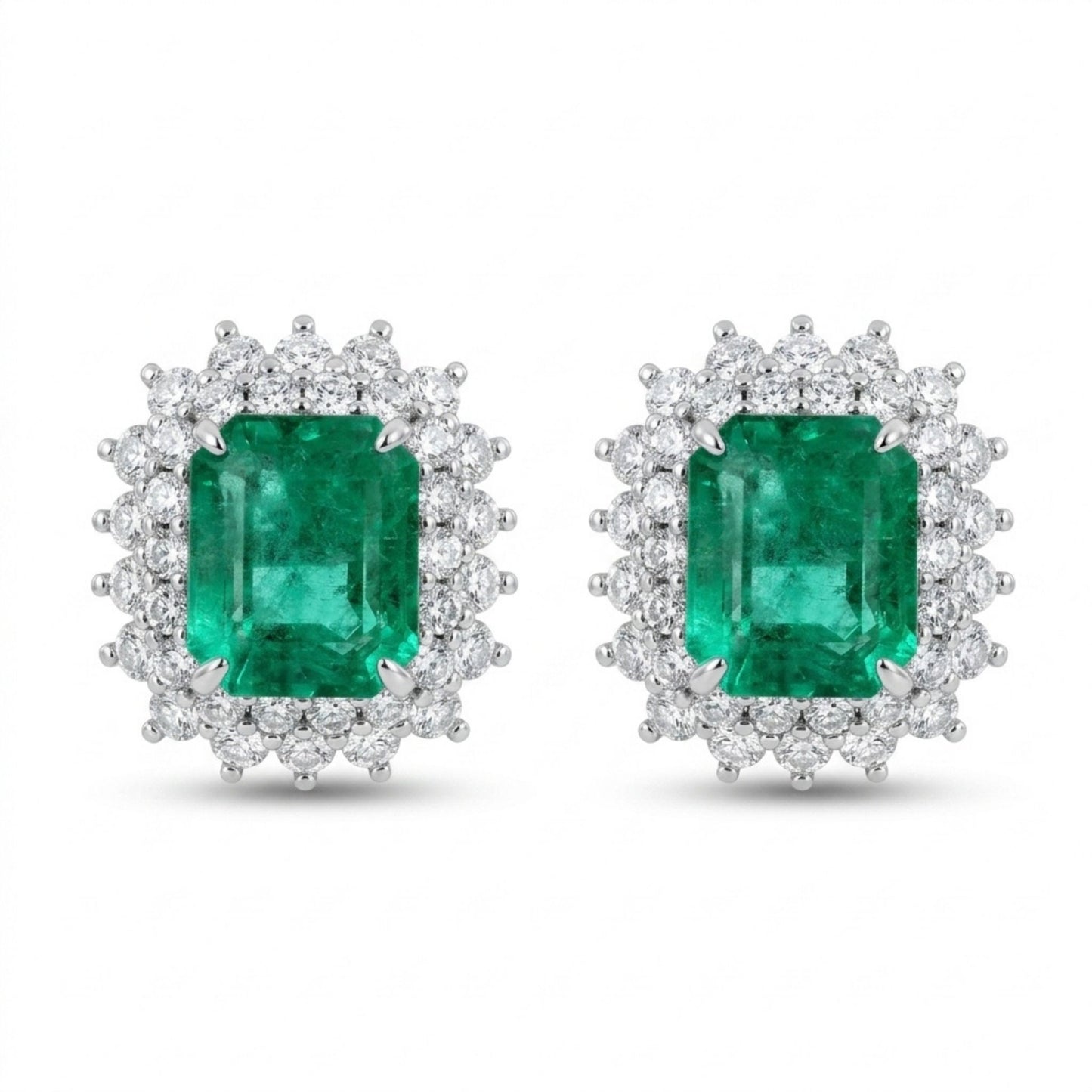 18K 3.44cttw Emerald Cut Colombian Emerald 1.30cttw White Diamonds Stud Earrings
