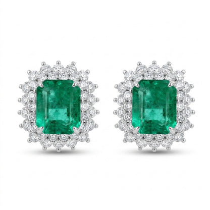 18K 3.44cttw Emerald Cut Colombian Emerald 1.30cttw White Diamonds Stud Earrings
