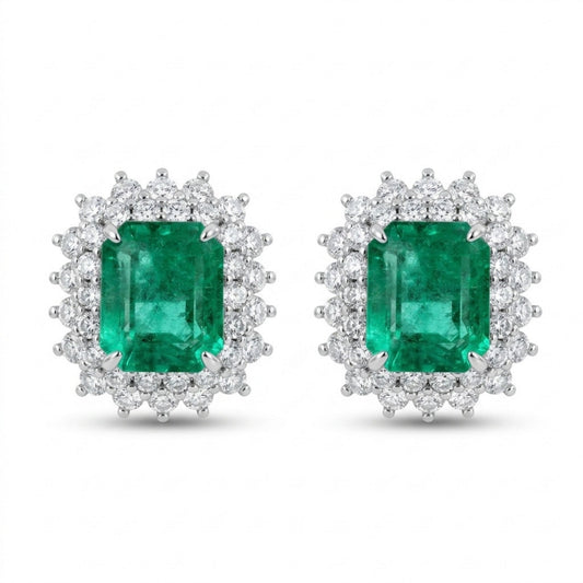 18K 3.44cttw Emerald Cut Colombian Emerald 1.30cttw White Diamonds Stud Earrings