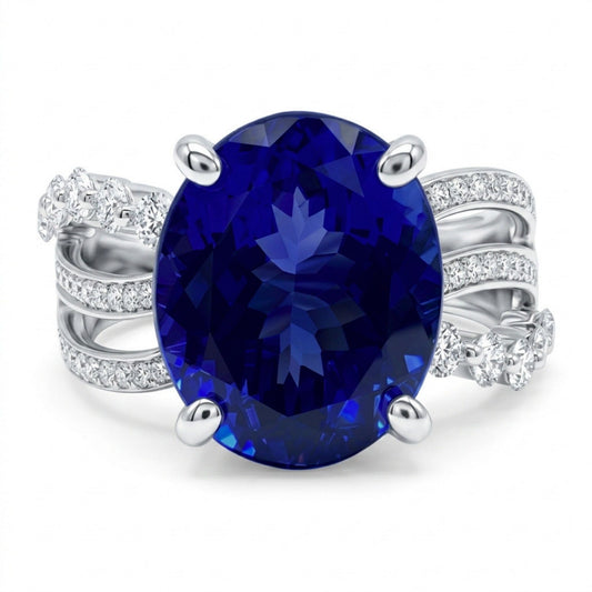 14K 7.07ct Oval Blue Wing Tanzanite 0.67cttw VS White Diamonds Ring