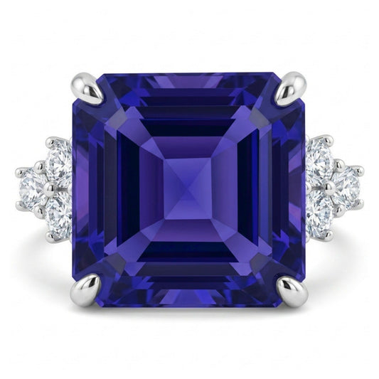 14K 17.97ct Asscher Cut Blue Wing Tanzanite 0.78cttw VS White Diamonds Ring