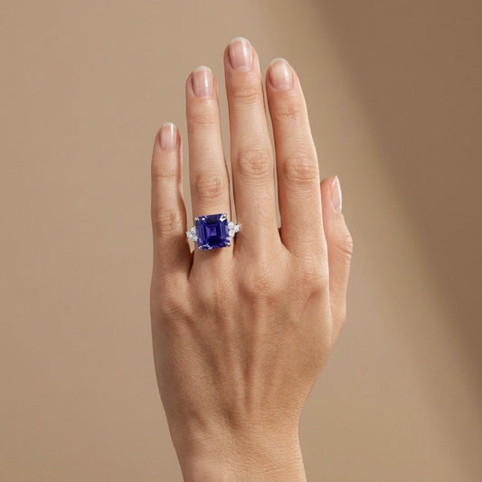 14K 17.97ct Asscher Cut Blue Wing Tanzanite 0.78cttw VS White Diamonds Ring