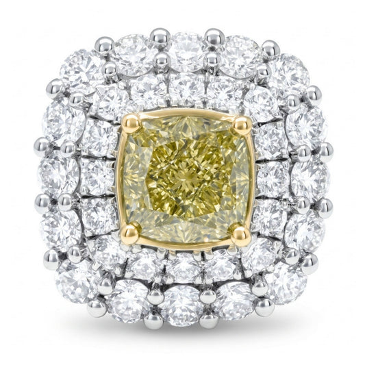 18K 3.01ct Cushion VS Yellow Diamond 3.60cttw VS White Diamonds Ring