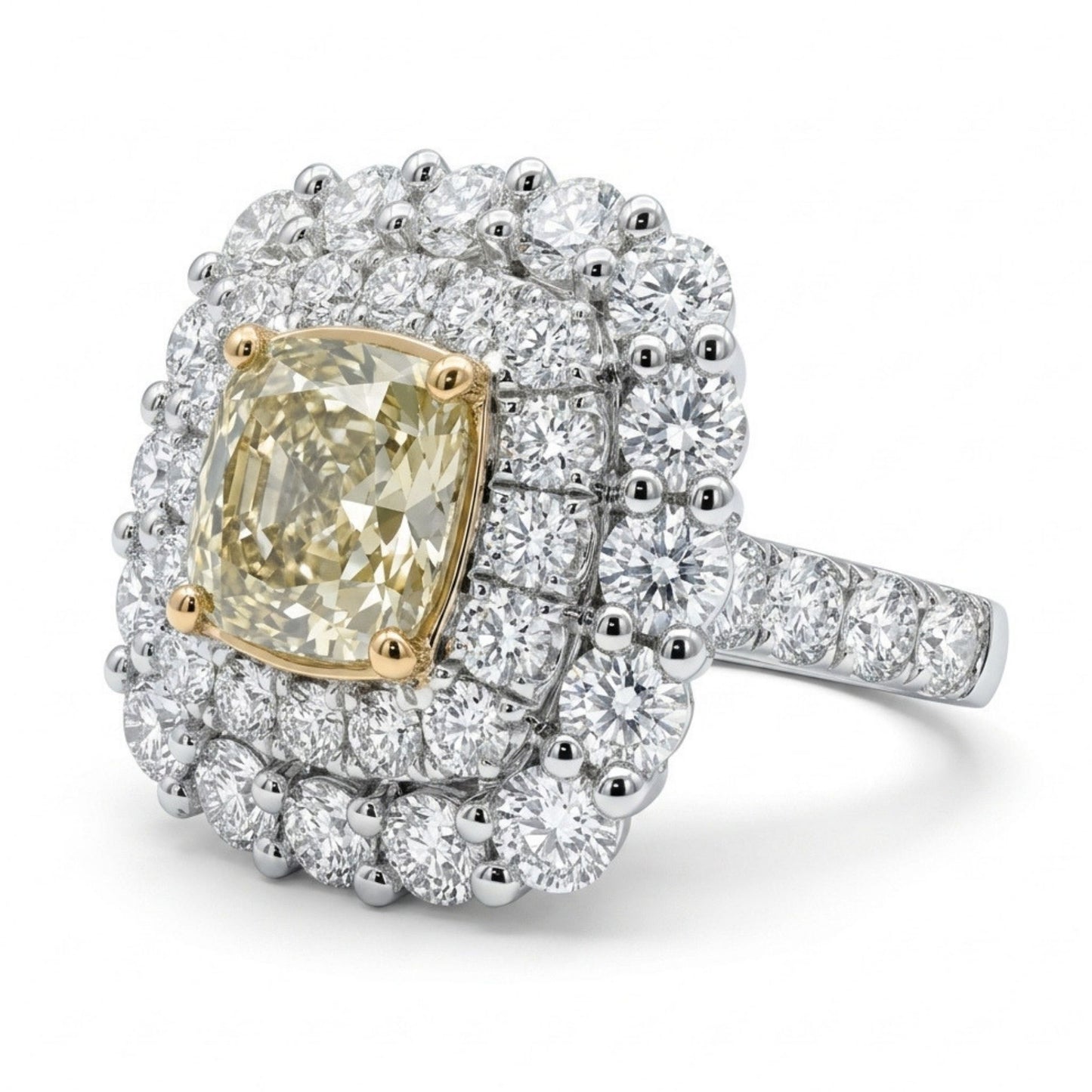 18K 3.01ct Cushion VS Yellow Diamond 3.60cttw VS White Diamonds Ring