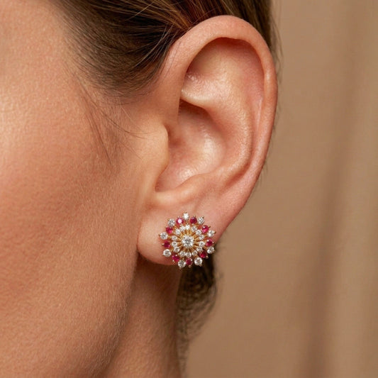 14K 0.42cttw Burma Ruby 0.73cttw VS White Diamonds Stud Earrings