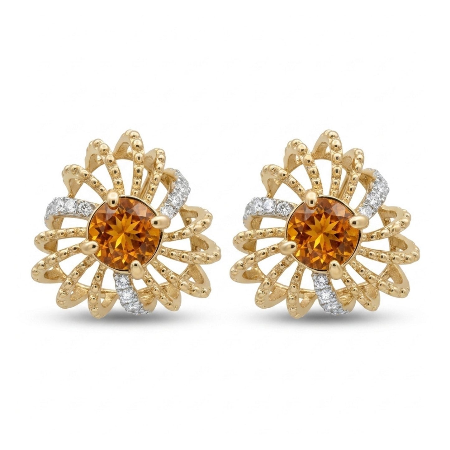 14K 1.34cttw Round Mandarin Garnet 0.33cttw VS White Diamonds Stud Earring