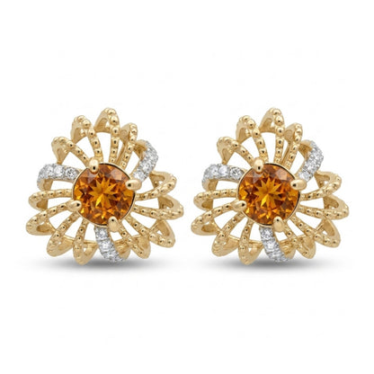 14K 1.34cttw Round Mandarin Garnet 0.33cttw VS White Diamonds Stud Earring