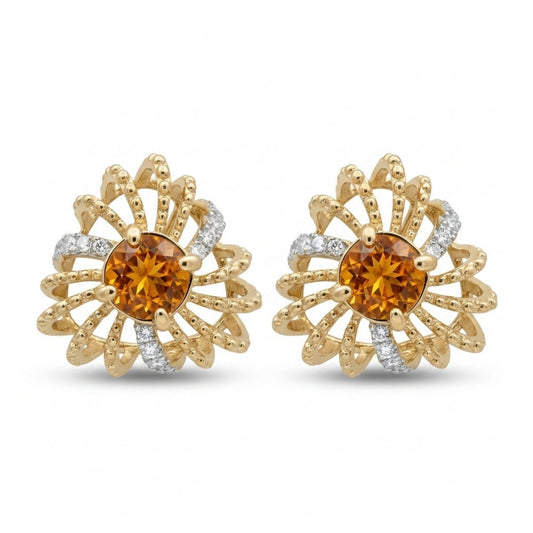 14K 1.34cttw Round Mandarin Garnet 0.33cttw VS White Diamonds Stud Earring