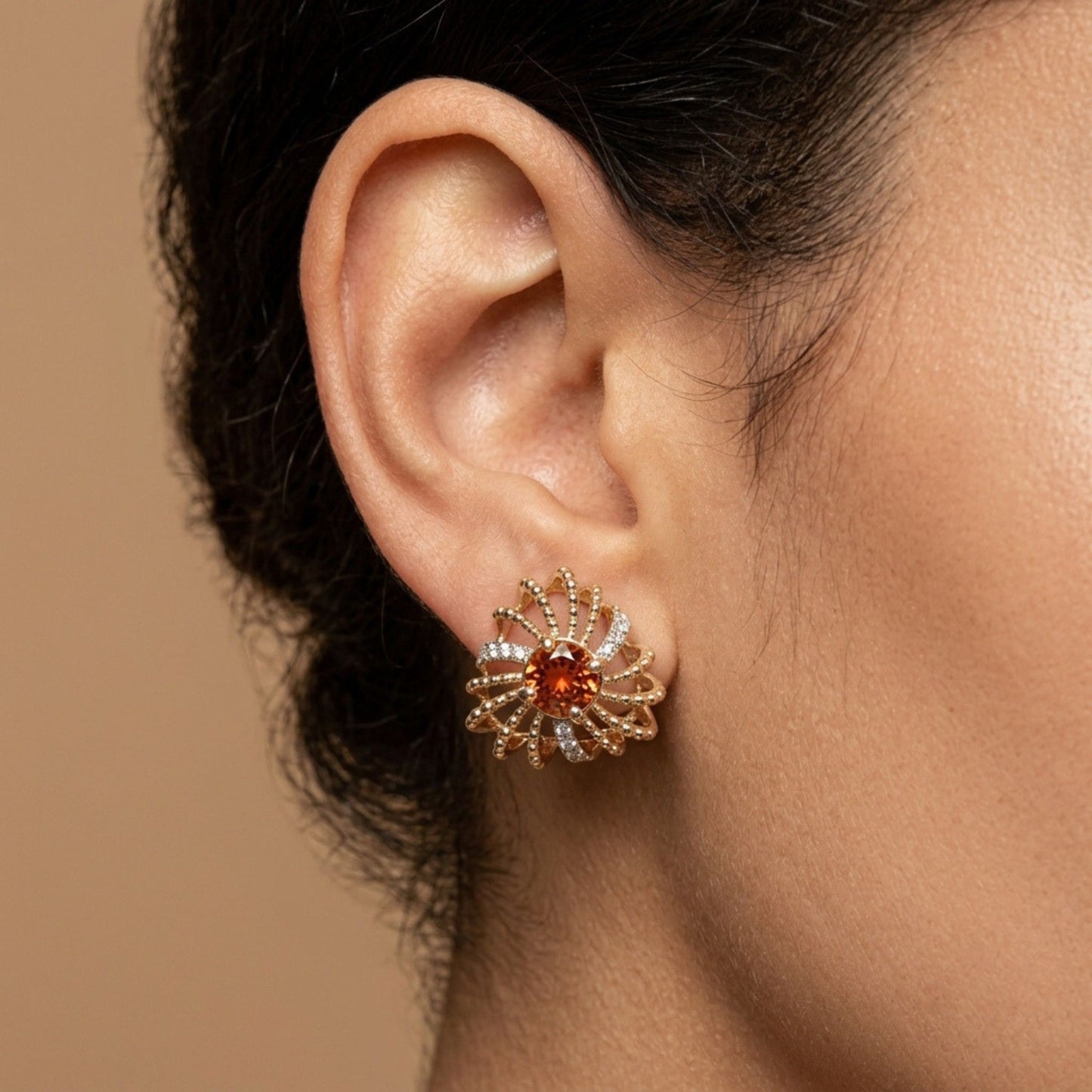 14K 1.34cttw Round Mandarin Garnet 0.33cttw VS White Diamonds Stud Earring