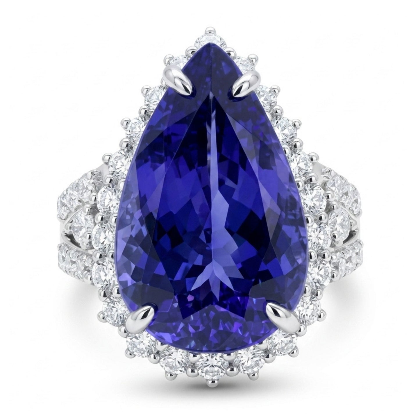 14K 10.24ct Pear Shape Blue Wing Tanzanite 1.28cttw VS White Diamonds Ring