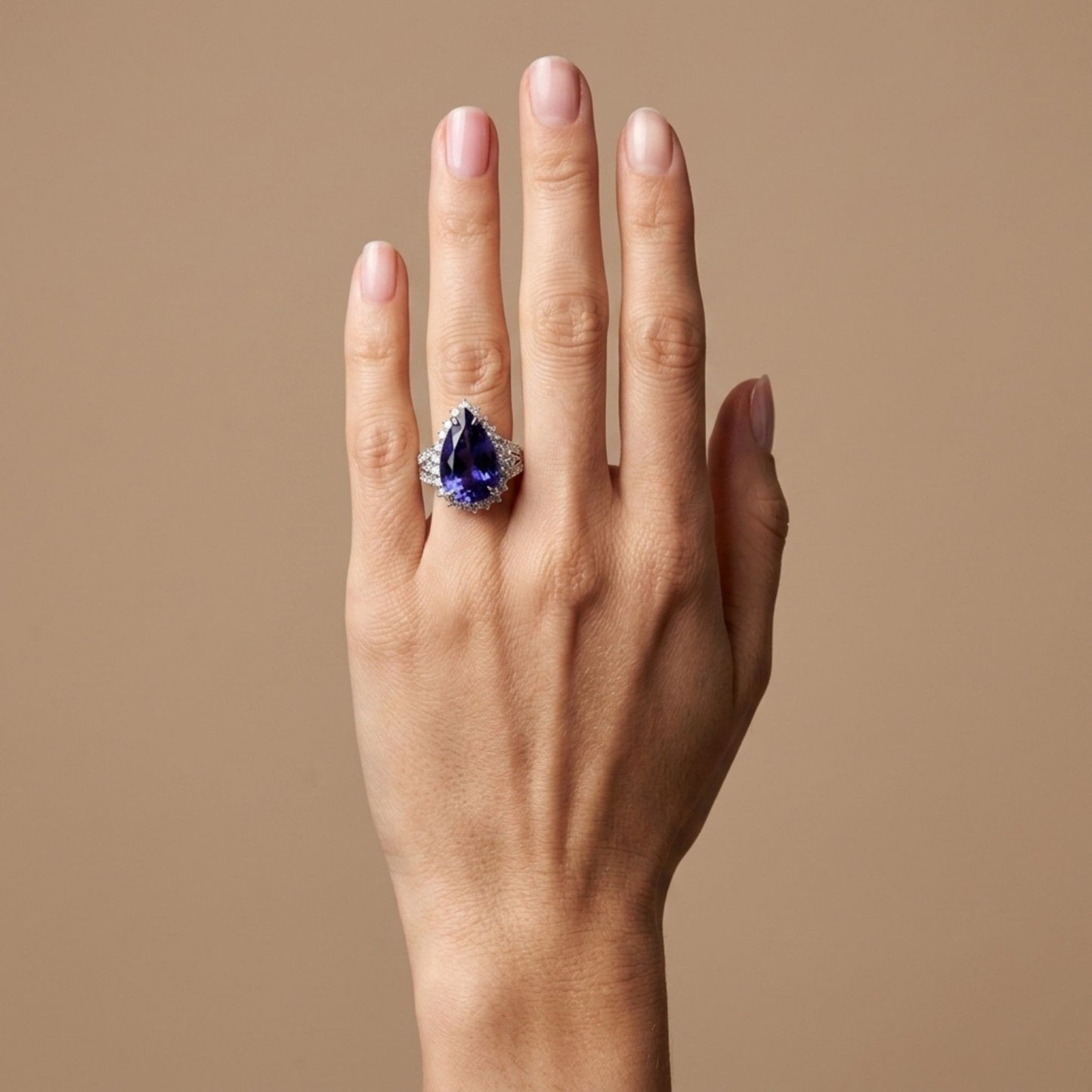 14K 10.24ct Pear Shape Blue Wing Tanzanite 1.28cttw VS White Diamonds Ring