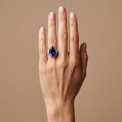 14K 10.24ct Pear Shape Blue Wing Tanzanite 1.28cttw VS White Diamonds Ring