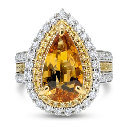 14K 2.15ct Pear Shape Unheated Orange Sapphire 1.02cttw VS Yellow & White Diamond Ring